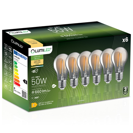 6x Żarówka LED E27 A60 6W = 50W 660lm 2200K Ciepła 360° DYMIONA FILAMENT LUMILED
