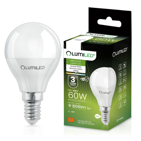 Żarówka LED E14 Kulka P45 8W = 60W 806lm 4000K Neutralna 180° LUMILED
