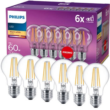 Zestaw 6x Żarówka LED E27 A60 7W = 60W 806lm 2700K Ciepła Filament PHILIPS