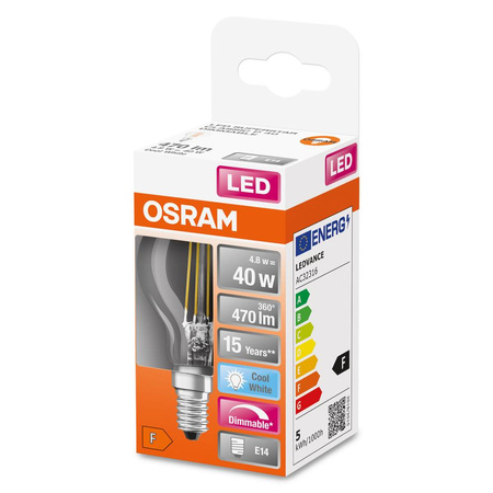Żarówka LED P45 Kulka E14 4.8W = 40W 470lm 4000K Neutralna 320° Ściemnialna Retrofit Filament CLASSIC Osram