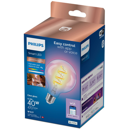 Żarówka LED E27 Kula G95 6.3W = 40W 470lm 2200-6500K RGB + TW FILAMENT Inteligentna SMART WiFi Bluetooth Aplikacja WiZ Philips