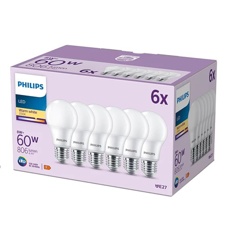 Zestaw 6x Żarówka LED E27 A60 8W = 60W 806lm 2700K Ciepła 150° PHILIPS