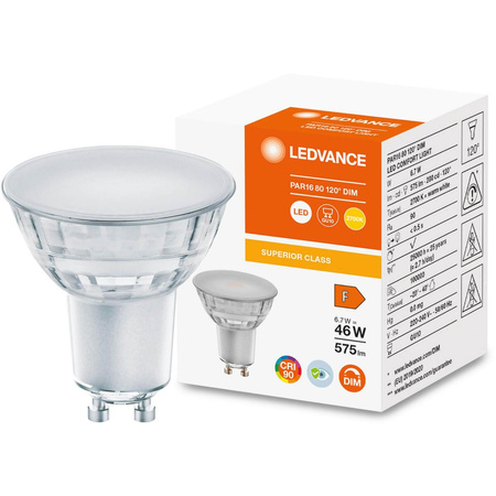Żarówka LED GU10 6,7W = 48W 575lm 2700K Ciepła 120° CRI90 Ściemnialna Szklana LEDVANCE Superior