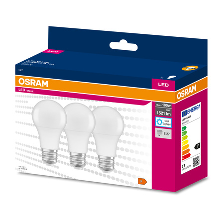 3x Żarówka LED A60 E27 13W = 100W 1521lm 6500K Zimna 200° VALUE CLASSIC Osram