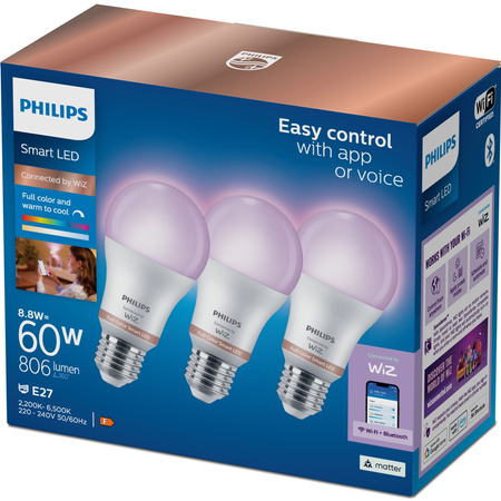 3x Żarówka LED E27 A60 8.8W = 60W 806lm 2200-6500K RGB + TW Inteligentna SMART WiFi Bluetooth Aplikacja WiZ Philips