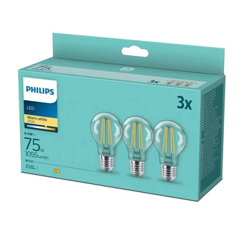 3PAK Żarówka LED E27 A60 8.5W = 75W 1055lm 2700K Ciepła Filament PHILIPS