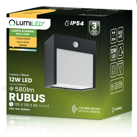 Lampa Ogrodowa Ścienna LED Kinkiet Elewacyjny Zewnętrzny PIR IP54 12W 3000K RUBUS LUMILED