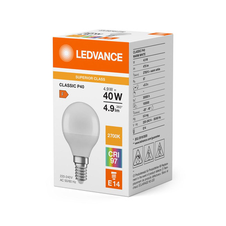 Żarówka LED P45 E14 4.9W = 40W 470lm 2700K Ciepła Biała LEDVANCE
