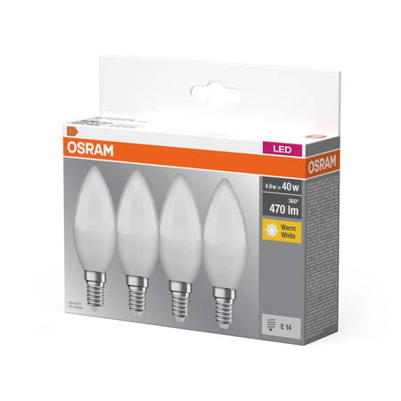 4x Żarówka LED B37 Świeczka E14 4.9W = 40W 470lm 2700K Ciepła 180° BASE Osram