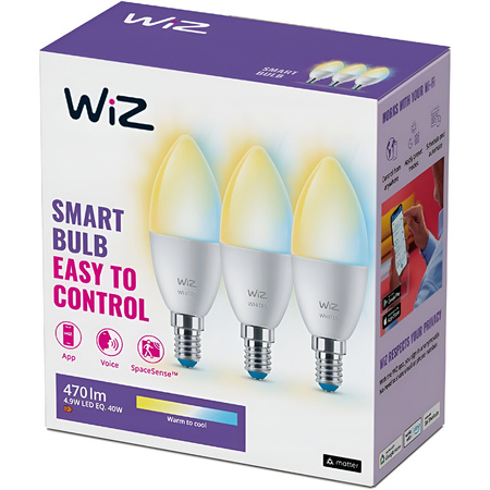 3x Żarówka LED E14 Świeczka C37 4.9W = 40W 470lm 2700-6500K TW Inteligentna SMART WiFi Bluetooth Aplikacja WiZ