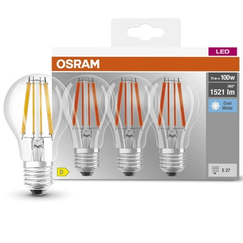 3PAK Żarówka LED E27 A60 CL 11W = 100W 1521lm 4000K Neutralna 300° Filament OSRAM BASE