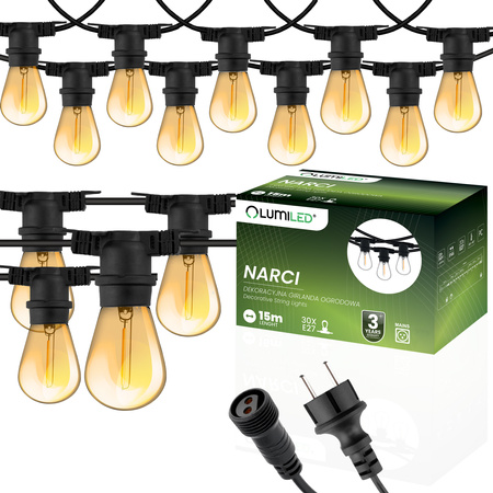 Girlanda Ogrodowa Zewnętrzna Łańcuch Świetlny 15m 30x E27 Żarówki 1,3W 2200K NARCI Lumiled