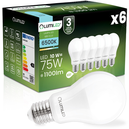 6x Żarówka LED E27 A60 10W = 75W 1100lm 6500K Zimna 260° LUMILED
