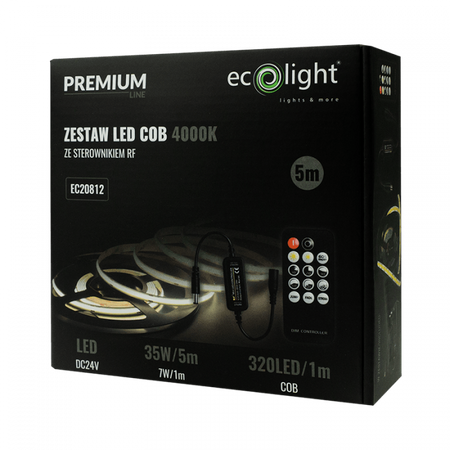 Taśma LED Pasek COB 7W/m 630lm/m 320LED/m 24V 4000K Neutralna IP20 Rolka 5m + Zasilacz + Pilot Ecolight