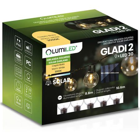 Girlanda Solarna Ogrodowa 30x LED Ozdobne Kuleczki 10,6m Ciepła 3000K GLADI 2 LUMILED