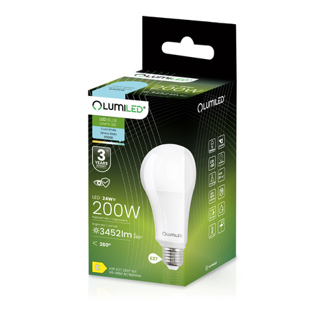 Żarówka LED E27 A60 24W = 200W 3452lm 6500K Zimna 260° LUMILED