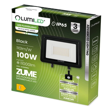 Naświetlacz z Czujnikiem Ruchu LED ZUME 100W 11000lm 4000K IP65 Czarny Advanced Lighting Series LUMILED 