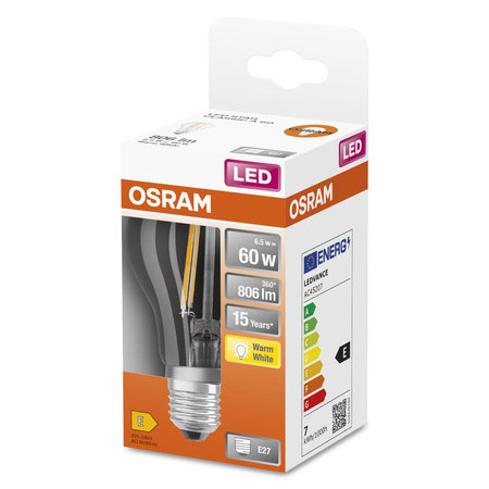 Żarówka LED A60 E27 6.5W = 60W 806lm 2700K Ciepła 300° Retrofit Filament CLASSIC Osram
