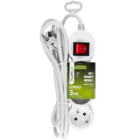 Przedłużacz Sieciowy Kabel z Uziemieniem Listwa Zasilająca 3 Gniazda 3m Włącznik ON/OFF Biały Sznur Lendo Lumiled