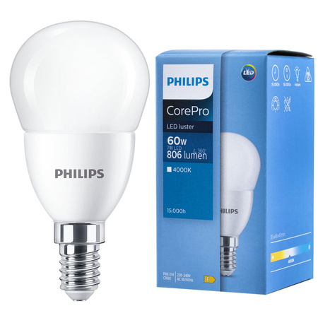 Żarówka LED E14 7W = 60W 806lm 4000K Neutralna KULKA PHILIPS