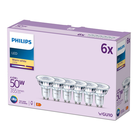 6x Żarówka LED GU10 Reflektor PAR16 4.6W = 50W 355lm 2700K Ciepła 36° EC Multipack Philips