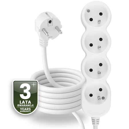 Przedłużacz Sieciowy Kabel z Uziemieniem Listwa Zasilająca 4 Gniazda 3m Biały Sznur Lendo Lumiled