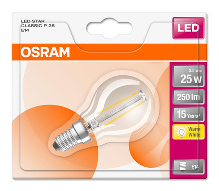 Żarówka LED P45 Kulka E14 2.5W = 25W 250lm 2700K Ciepła 300° Retrofit Filament CLASSIC Osram
