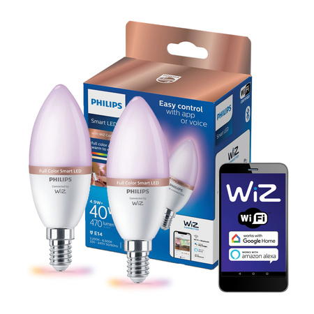 2x Żarówka LED E14 C37 4,9W = 40W 2200-6500K + RGB SMART WiFi Philips WiZ