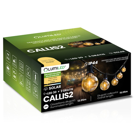 ZESTAW Girlanda Solarna CALLIS2 30x LED 2700K 15,05m PILOT IP44 + Adapter Sieciowy 6W LUMILED