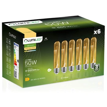 6x Żarówka LED E27 T30 6W = 50W 660lm 3000K Ciepła 360° Amber Filament LUMILED