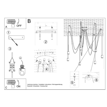 Lampa Sufitowa Wisząca Zwis 7x E27 Nieregularna Czarna Industrialna Edison Sollux