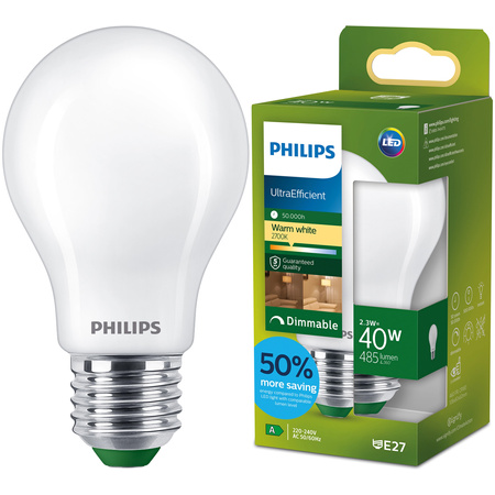 Żarówka LED E27 A60 2.3W = 40W 485lm 212lm/W 2700K Ciepła 300° KLASA A Ściemnialna UltraEfficient Philips