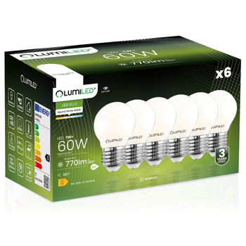 Zestaw 6x Żarówka LED P45 E27 7W = 60W 770lm 4000K Neutralna 360° Filament Mleczna LUMILED