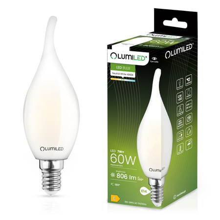 Żarówka LED Płomyk BA35 E14 7W = 60W 806lm 4000K Neutralna 360° Filament Mleczna LUMILED