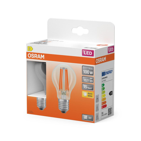 2x Żarówka LED A60 E27 11W = 100W 1521lm 2700K Ciepła 300° Retrofit Filament CLASSIC Osram