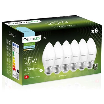 Zestaw 6x Żarówka LED E27 B35 2,5W = 25W 249lm 6500K Zimna 180° LUMILED