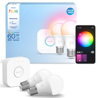 2x Żarówka LED E27 A60 8W = 60W 806lm 2200-6500K CCT + RGB SMART Inteligentna Bluetooth ZigBee White and Color Ambiance + Mostek Bridge Zestaw Startowy Philips HUE Essential