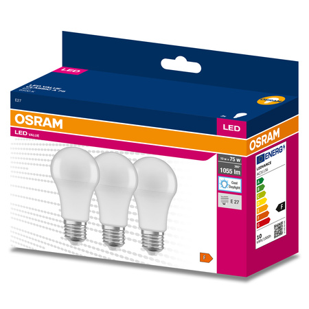 3x Żarówka LED A60 E27 10W = 75W 1055lm 6500K Zimna 200° VALUE CLASSIC Osram
