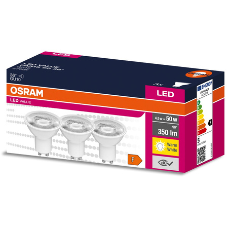 3PAK Żarówka LED GU10 4,5W = 50W 350lm 2700K Ciepła 36° OSRAM VALUE