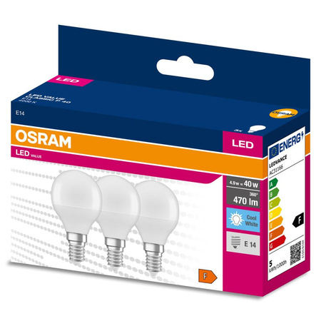 3x Żarówka LED P45 Kulka E14 4.9W = 40W 470lm 4000K Neutralna 200° VALUE CLASSIC Osram