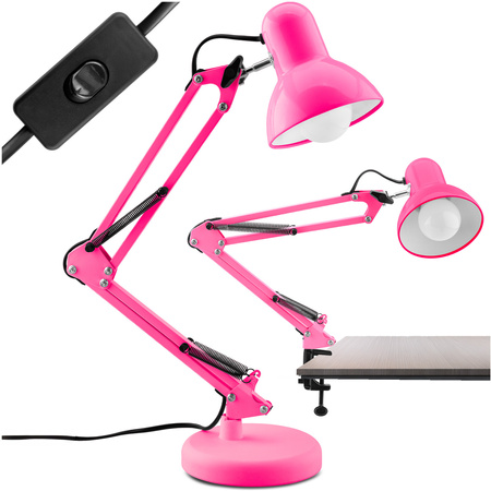 Lampka Biurkowa Kreślarska Stołowa E27 TOBI Różowa Lumiled + uchwyt na blat