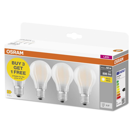 4x Żarówka LED A60 E27 6.5W = 60W 806lm 2700K Ciepła 300° BASE Osram