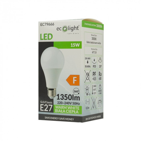 Żarówka LED A60 E27 15W 1350lm 3000K Ciepła Ecolight