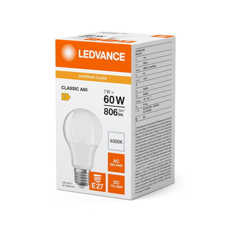 Żarówka LED A60 E27 7W = 60W 806lm 4000K Neutralna Biała LEDVANCE