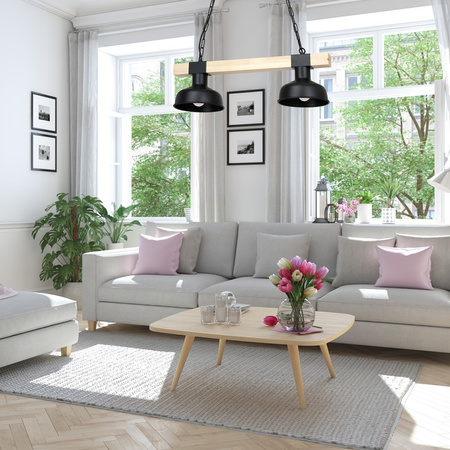 Lampa Wisząca Sufitowa FARO Czarna Drewno Naturalne 2xE27 60W Milagro