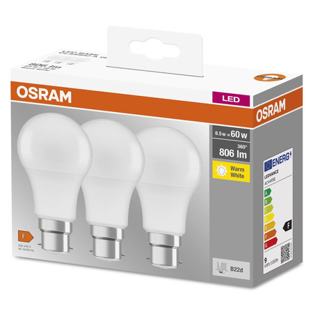 3x Żarówka LED A60 B22d 8.5W = 60W 806lm 2700K Ciepła 200° BASE Osram