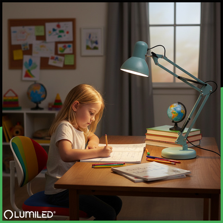 Lampka Biurkowa Kreślarska Stołowa E27 TOBI Pastelowa Niebieska Lumiled + uchwyt na blat