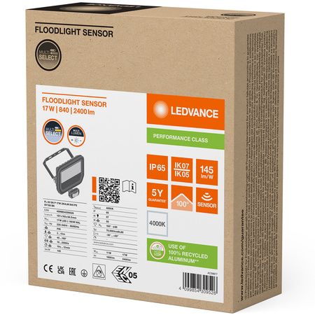 Naświetlacz LED Reflektor Zewnętrzny Lampa 17W 2400lm 4000K IP65 Czarny Z Czujnikiem Ruchu i Zmierzchu Floodlight Ledvance