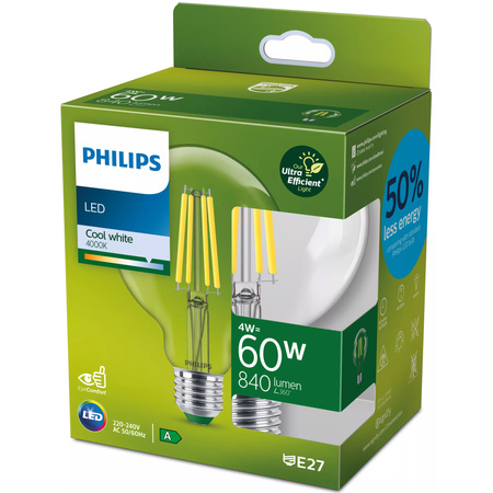 Żarówka LED E27 Kula G95 4W = 60W 840lm 210lm/W 4000K Neutralna 300° KLASA A UltraEfficient Philips