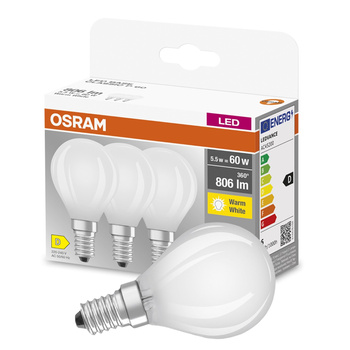 3PAK Żarówka LED E14 P45 5,5W = 60W 806lm 2700K Ciepła 300° Filament OSRAM BASE